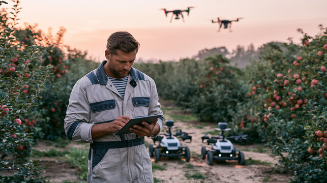 Smart farmer using tablet to control agricultural drones and robots in a red apple orchard.