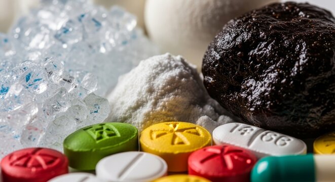 A variety of colorful pills and drugs.