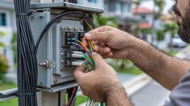 Technician hands installing colorful fiber optic internet cables into an outdoor junction control box in a residential area.