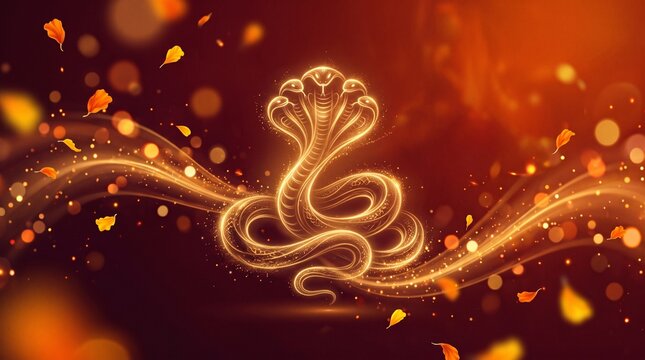 Abstract Golden Glowing Serpent Outline with Bokeh Lights and Falling Petals Background for Nag Panchami Festival Banner
