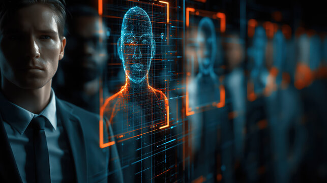 AI digital face recognition technology scans human faces for recruitment screening, creating futuristic and intense atmosphere