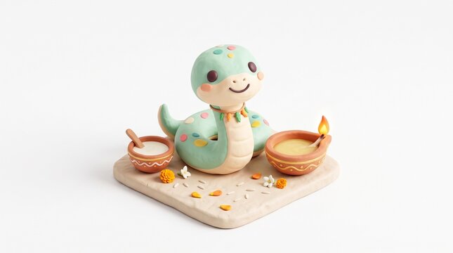 Cute 3D Claymation Style Snake Character with Traditional Diya and Milk Bowl on White Background for Nag Panchami Festival