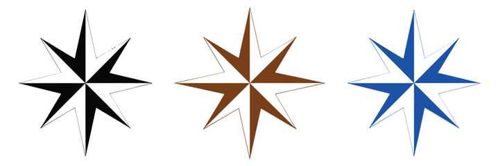 Fototapeta premium Compass wind rose star icons in multiple colors representing navigation, direction, travel, map symbols, and nautical exploration in detailed vector illustration.