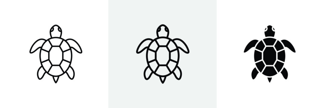 Sea turtle icon set showing top view of swimming reptile in varied styles.