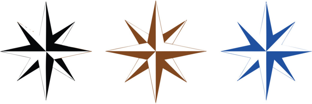 Compass wind rose star icons in multiple colors representing navigation, direction, travel, map symbols, and nautical exploration in detailed vector illustration.