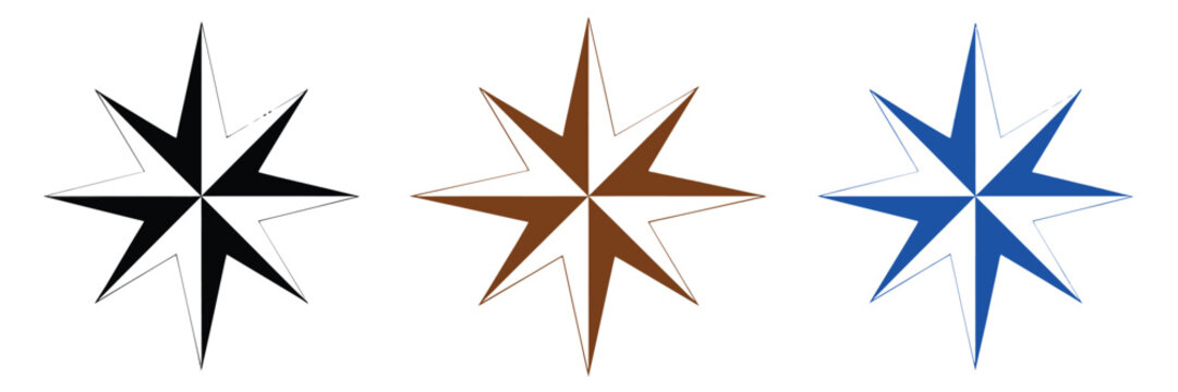 Compass wind rose star icons in multiple colors representing navigation, direction, travel, map symbols, and nautical exploration in detailed vector illustration.