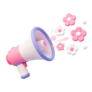 A 3D illustration of a cute pink megaphone with flowers coming out, showcasing a playful and decorative design.