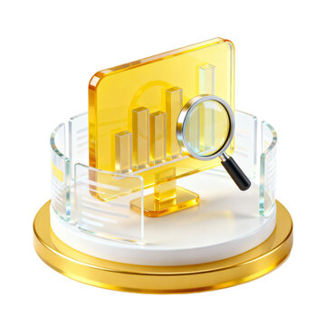 A 3D illustration showing analysis of business data using a magnifying glass and bar chart for detailed examination.