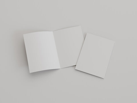 White Bifold Brochure 3D Render Mockup. Half-Fold Greeting Card Mockup Template