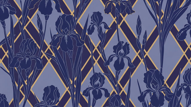 Elegant navy iris pattern with gold geometric diamond background. Vintage botanical illustration, Art Nouveau style, sophisticated floral design.