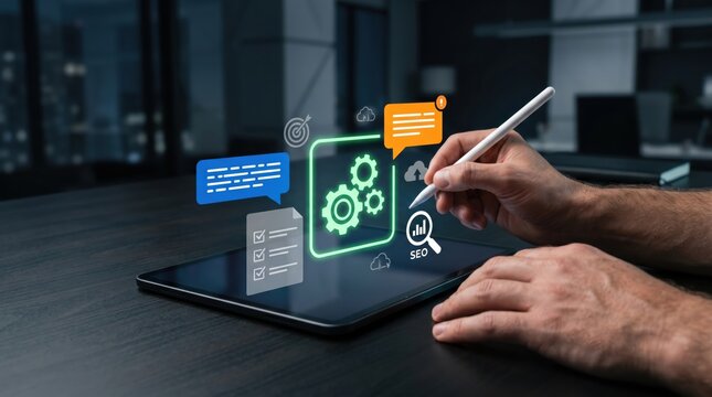 Digital marketing strategy and SEO optimization with hand using stylus on tablet, social media and business growth planning concept.