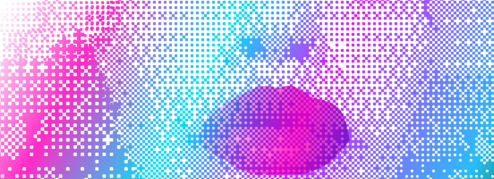 Vibrant pixelated halftone background. Horizontal vector illustration with a neon pink, purple, blue, and green gradient. Abstract dither texture for retro Y2K web design, posters, and digital art.