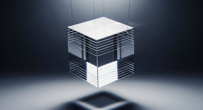 A transparent cube structure, suspended, with light reflections and a shadowy ground