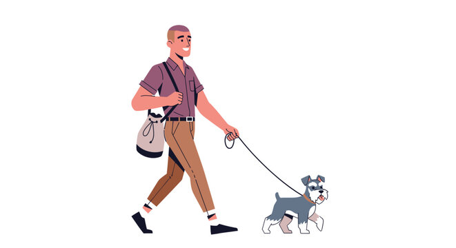 Elderly man walking small dog on leash outdoors.