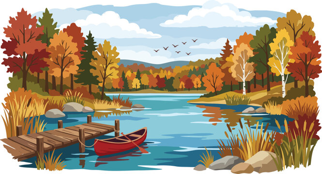 Vibrant vector illustration of a red canoe tied to a wooden dock on a calm lake during the autumn season