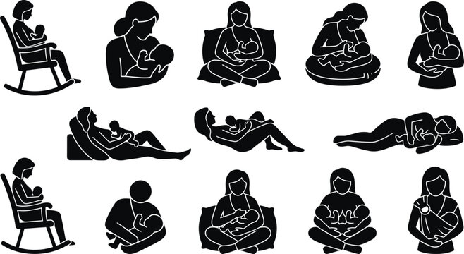 Mother breastfeeding baby silhouette vector collection featuring different nursing positions rocking chair pillow and baby sling wraps.