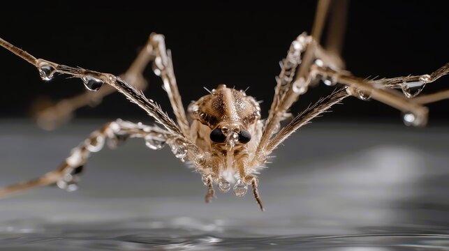 The macro image shows water droplets on the legs and body of a mosquito against a dark background.