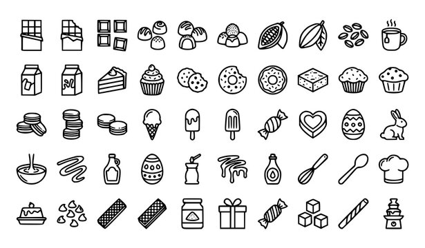 Editable chocolate confectionery outline icon pack with cocoa candy and dessert vector isolated on white background