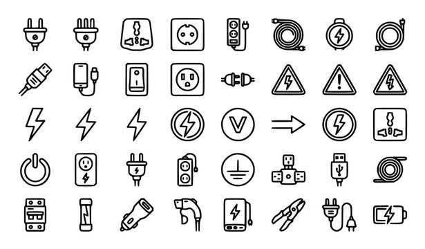 Editable electric power plug socket wire and lightning bolt outline icon set vector isolated on white background