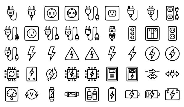 Editable electricity power plug wire socket and thunder lightning icon pack vector isolated on white background