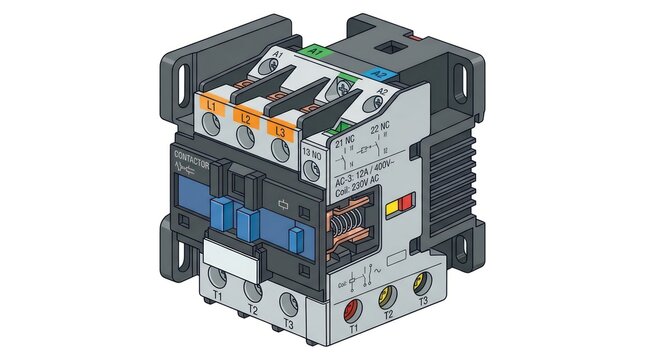 Industrial contactor cutout illustration showing internal coil, contacts and terminal labels.