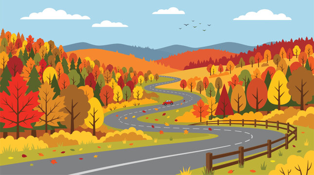 Vibrant autumn landscape vector illustration featuring a winding country road with colorful trees and a small car driving through nature