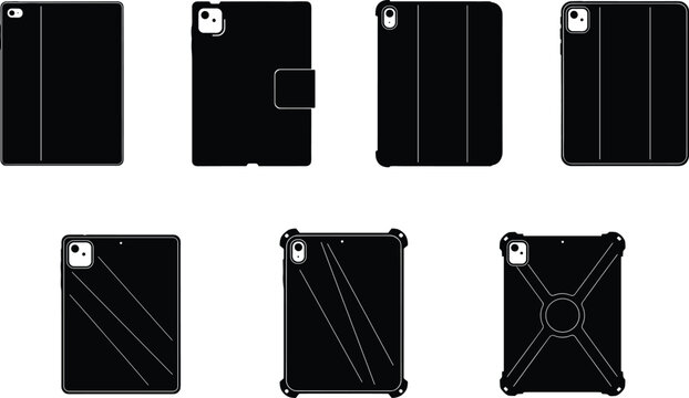Tablet case set, iPad protective covers, smart cover designs, shockproof cases, modern tablet accessories, vector illustration