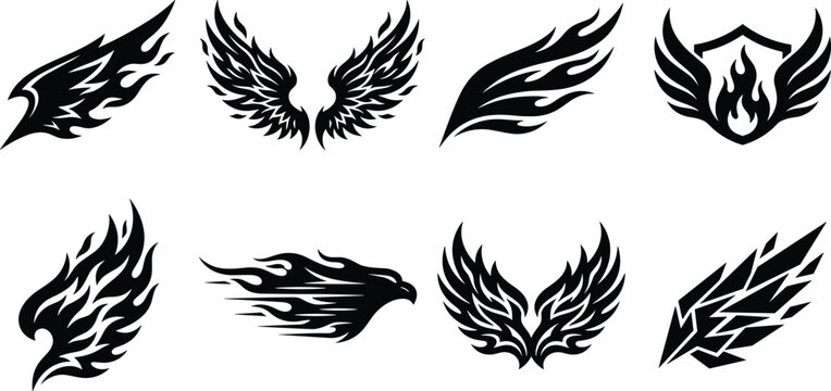 Flaming wings vector badge set featuring burning tribal feathers phoenix shields soaring eagles and fast motorcycle dynamic speed logos.