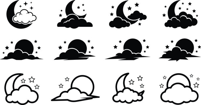 Crescent moon cloud star mega vector icon bundle night sky weather forecast black silhouette cartoon bedtime sleeping graphic design elements collection