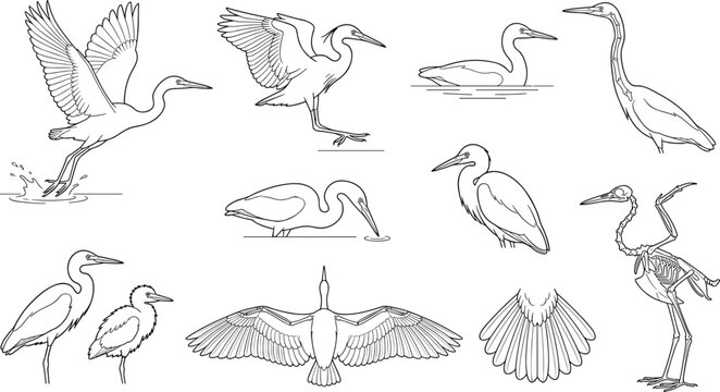 Heron bird anatomy and poses line art reference sheet featuring flying swimming and skeleton view