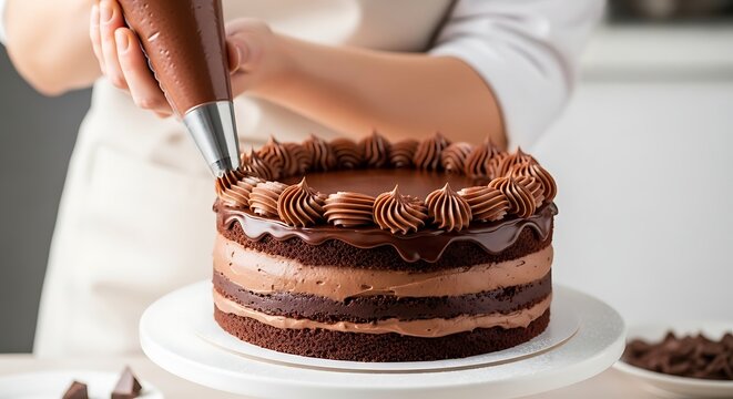 Baker Decorating Rich Chocolate Layer Cake with Piping Bag in Bright Kitchen