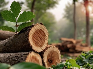 Obraz premium Stack of freshly cut logs with a vibrant green leaf sprout in a misty forest setting