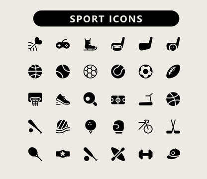 Sport vector solid icon set. Glyph black sports icons.