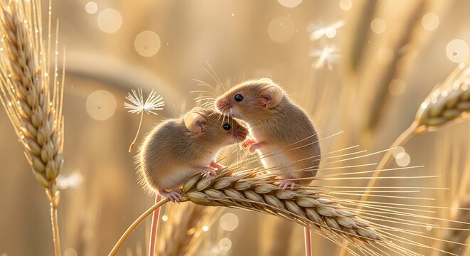 Tiny Field Mice Perched on Golden Wheat Stalk in Sunlit Grain Field