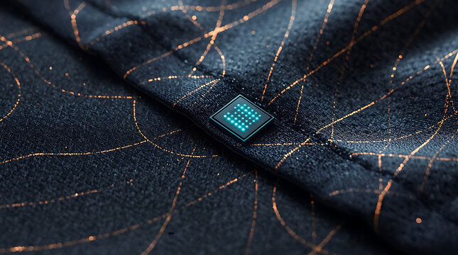 Close up of a miniature computing processor embedded onto a high end embroidered smart fabric