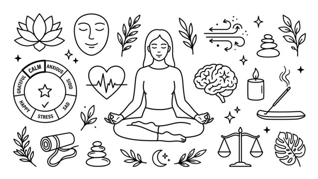 Mental Wellness Line Art Vector Set with Meditating Woman, Mood Tracker and Mindfulness Elements