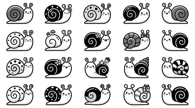 Stylized snail icons collection with solid and outline.