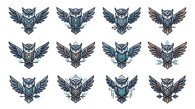 Symmetrical mechanical owl icons with geometric wings