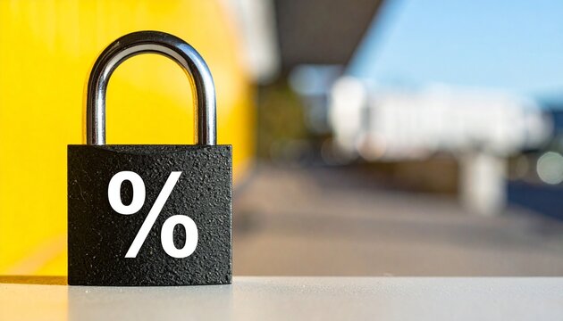 Black padlock with percentage symbol on urban background