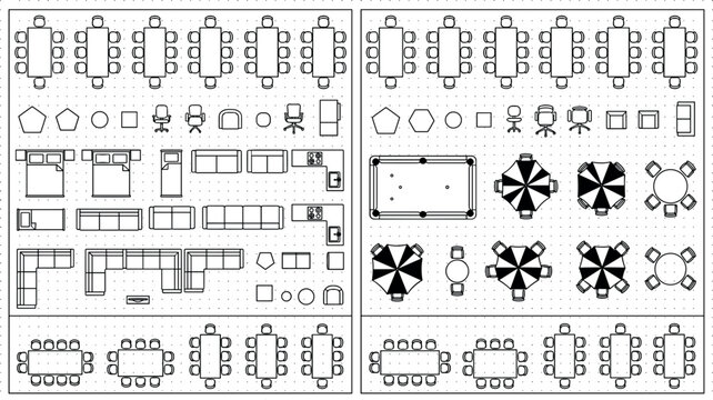Architectural Furniture Set Top View Icons with Dining Tables Sofas Beds Office Chairs Billiard and Patio Umbrellas for Floor Plan Layouts