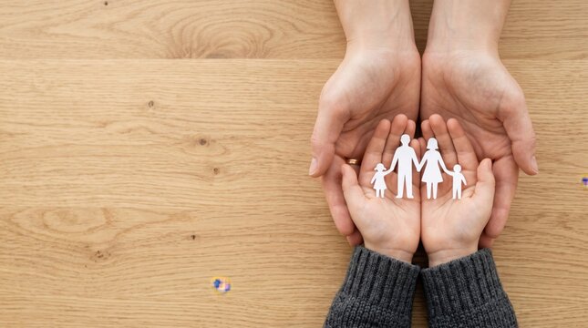 Parent hands holding paper cutout of family symbol representing love, care, protection, insurance, adoption, and child welfare support on wooden table background