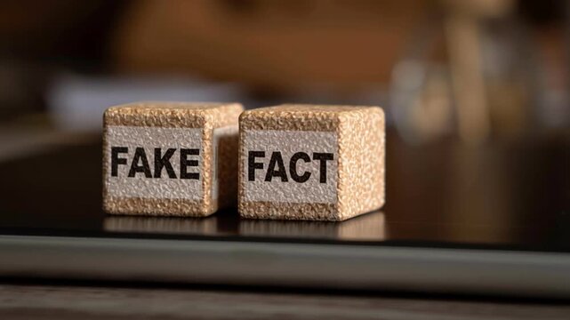 Fake and fact word on wooden cubes and blocks placed on laptop keyboard, concept of truth, misinformation, and communication in modern world