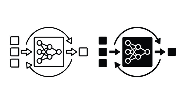 Deep learning input and output neural network process flow icons with learning