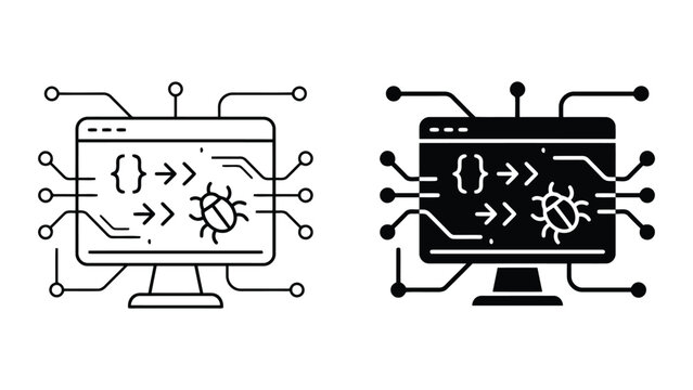 Software bug debugging and computer code error detection icons with software