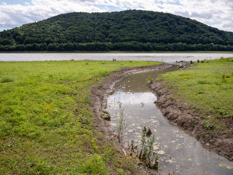 Small inflow at Doma&scaron;a reservoir near Petejovce during drought. Low water level exposed the lakebed, now covered with grass, showing the impact of prolonged dry weather.