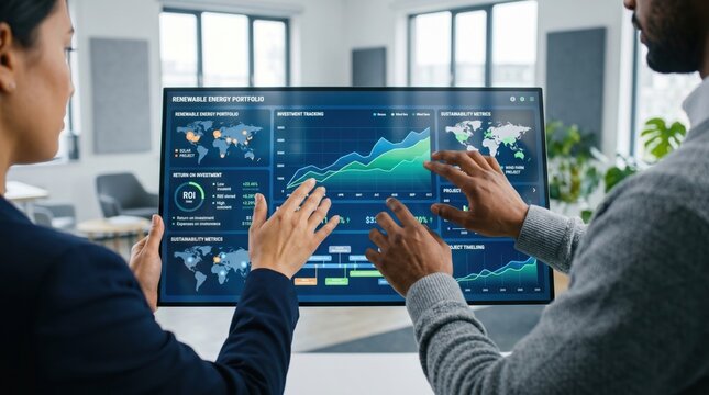 Business team analyzing renewable energy portfolio on large digital screen, investment tracking and sustainability metrics with global map data visualization in modern office en...