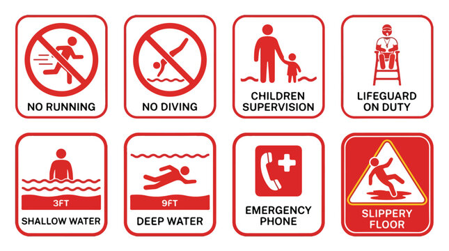 Swimming pool safety signs set, red and white warning icons for water areas, lifeguard and emergency symbols, collection of 8 pool rules vector illustrations