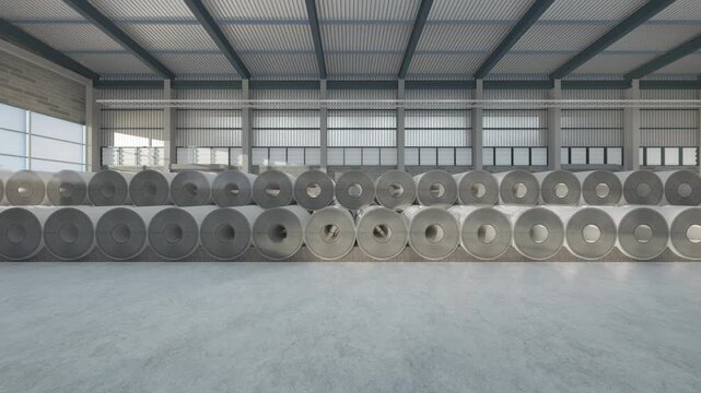 3D industrial warehouse interior with slow dolly camera movement. Rows of steel coils on concrete floor inside manufacturing facility. Industrial storage, metal production, raw material inventory.