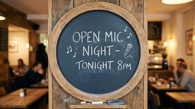 Rustic Chalkboard Sign Announcing Open Mic Night in Cozy Cafe Interior