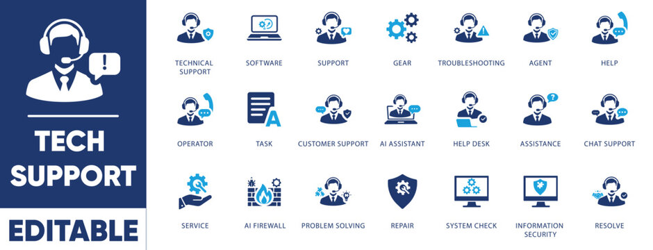 Tech support and IT service vector icon set. Customer service, troubleshooting, help desk, and AI assistant concepts. Editable flat glyph illustrations.